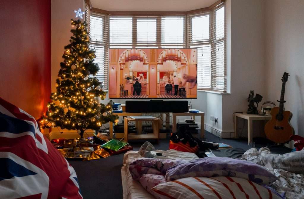 Room with guitar ready to play Christmas songs