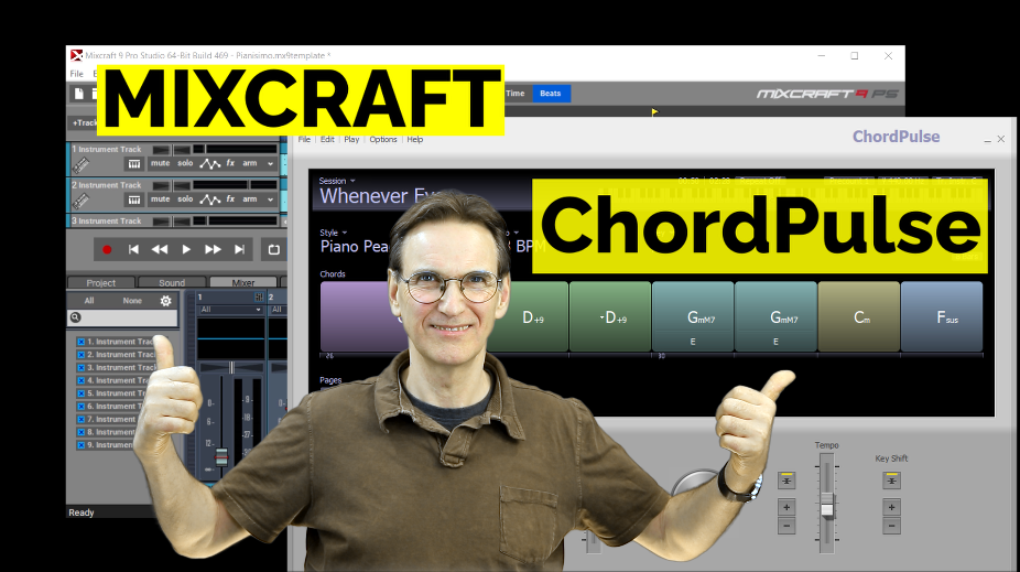 ChordPulse and Mixcraft screenshot with user standing in front. MIDI flies allow the two programs to work together.